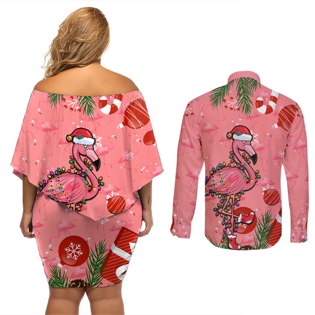Flamingo Christmas Couples Matching Off Shoulder Short Dress and Long Sleeve Button Shirt 2023 Seamless Xmas Vibes - Wonder Print Shop