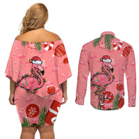 Flamingo Christmas Couples Matching Off Shoulder Short Dress and Long Sleeve Button Shirt 2023 Seamless Xmas Vibes - Wonder Print Shop
