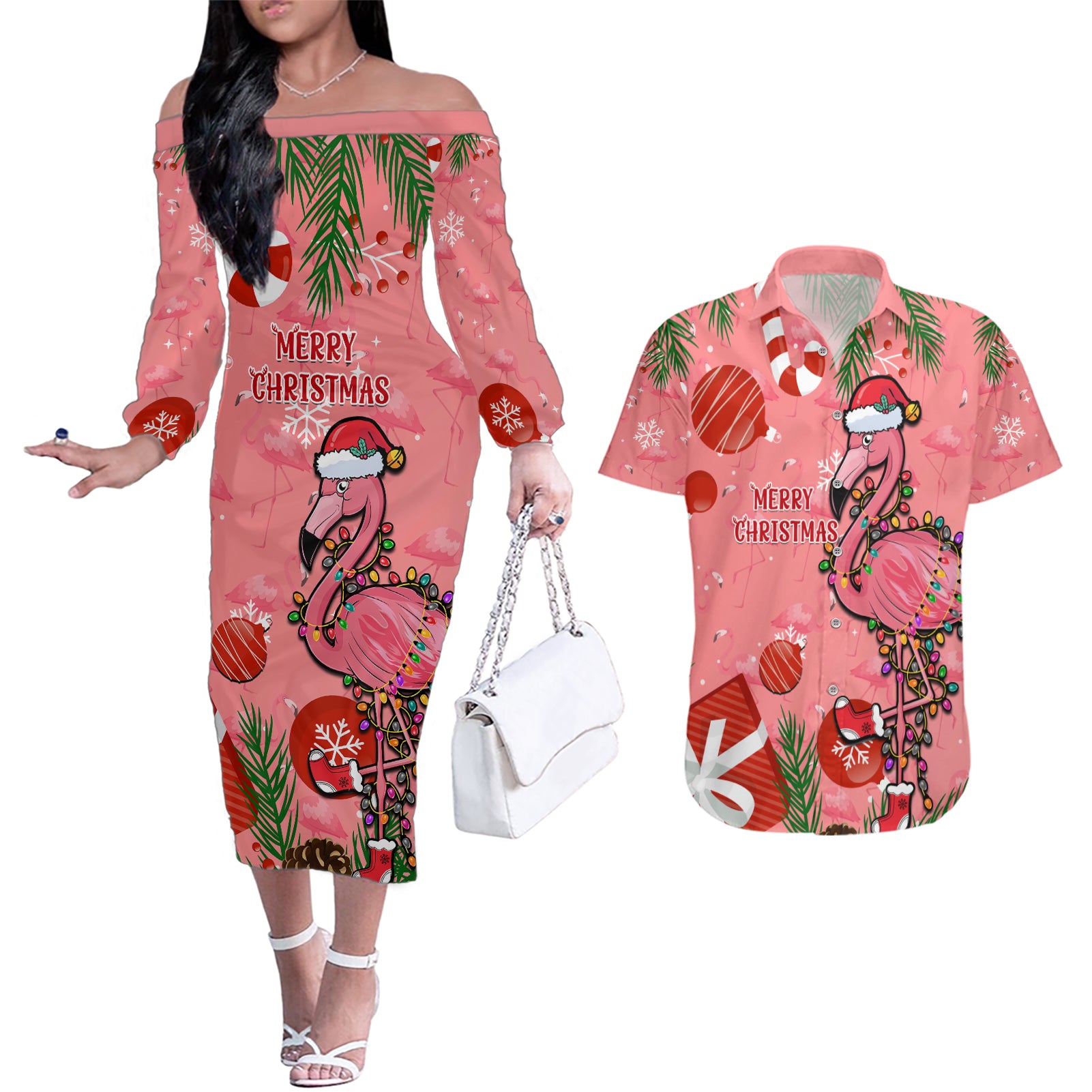 Flamingo Christmas Couples Matching Off The Shoulder Long Sleeve Dress and Hawaiian Shirt 2023 Seamless Xmas Vibes - Wonder Print Shop