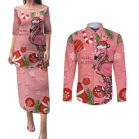 Flamingo Christmas Couples Matching Puletasi Dress and Long Sleeve Button Shirt 2023 Seamless Xmas Vibes - Wonder Print Shop