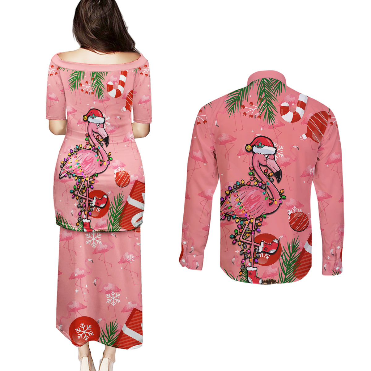 Flamingo Christmas Couples Matching Puletasi Dress and Long Sleeve Button Shirt 2023 Seamless Xmas Vibes - Wonder Print Shop