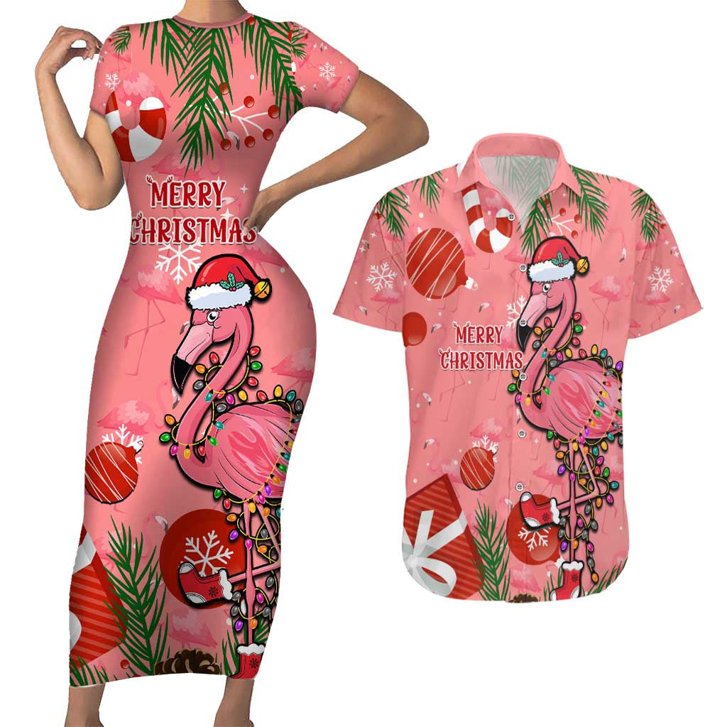 Flamingo Christmas Couples Matching Short Sleeve Bodycon Dress and Hawaiian Shirt 2023 Seamless Xmas Vibes LT14