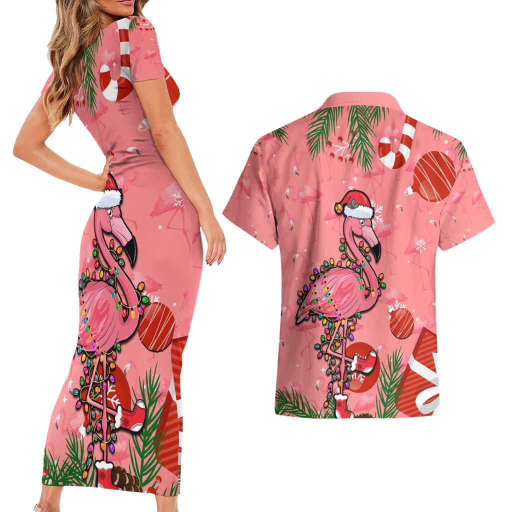 Flamingo Christmas Couples Matching Short Sleeve Bodycon Dress and Hawaiian Shirt 2023 Seamless Xmas Vibes LT14