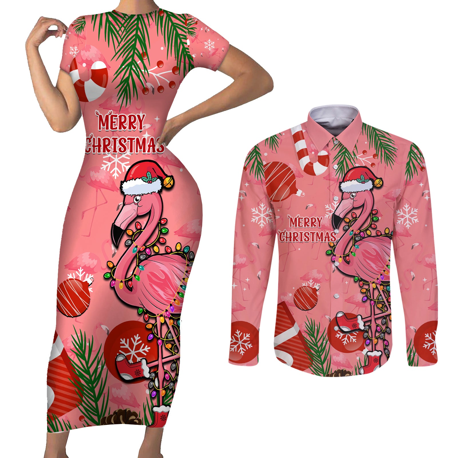Flamingo Christmas Couples Matching Short Sleeve Bodycon Dress and Long Sleeve Button Shirt 2023 Seamless Xmas Vibes - Wonder Print Shop