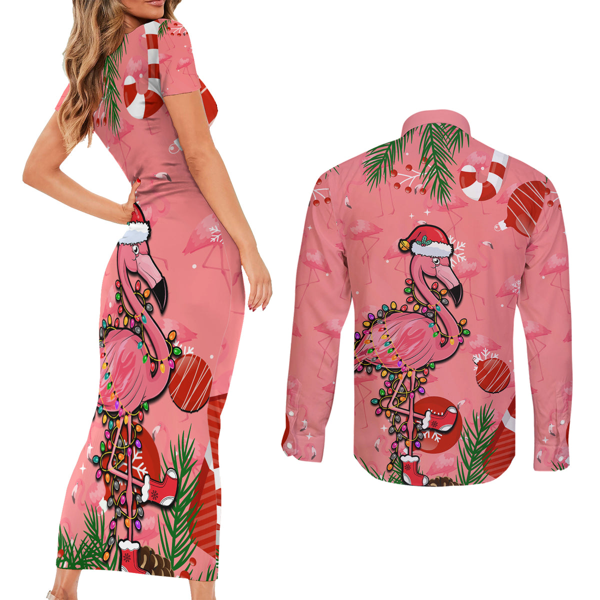 Flamingo Christmas Couples Matching Short Sleeve Bodycon Dress and Long Sleeve Button Shirt 2023 Seamless Xmas Vibes - Wonder Print Shop