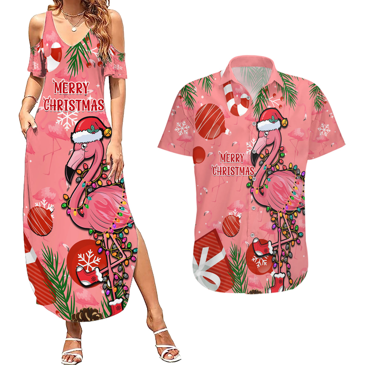Flamingo Christmas Couples Matching Summer Maxi Dress and Hawaiian Shirt 2023 Seamless Xmas Vibes - Wonder Print Shop