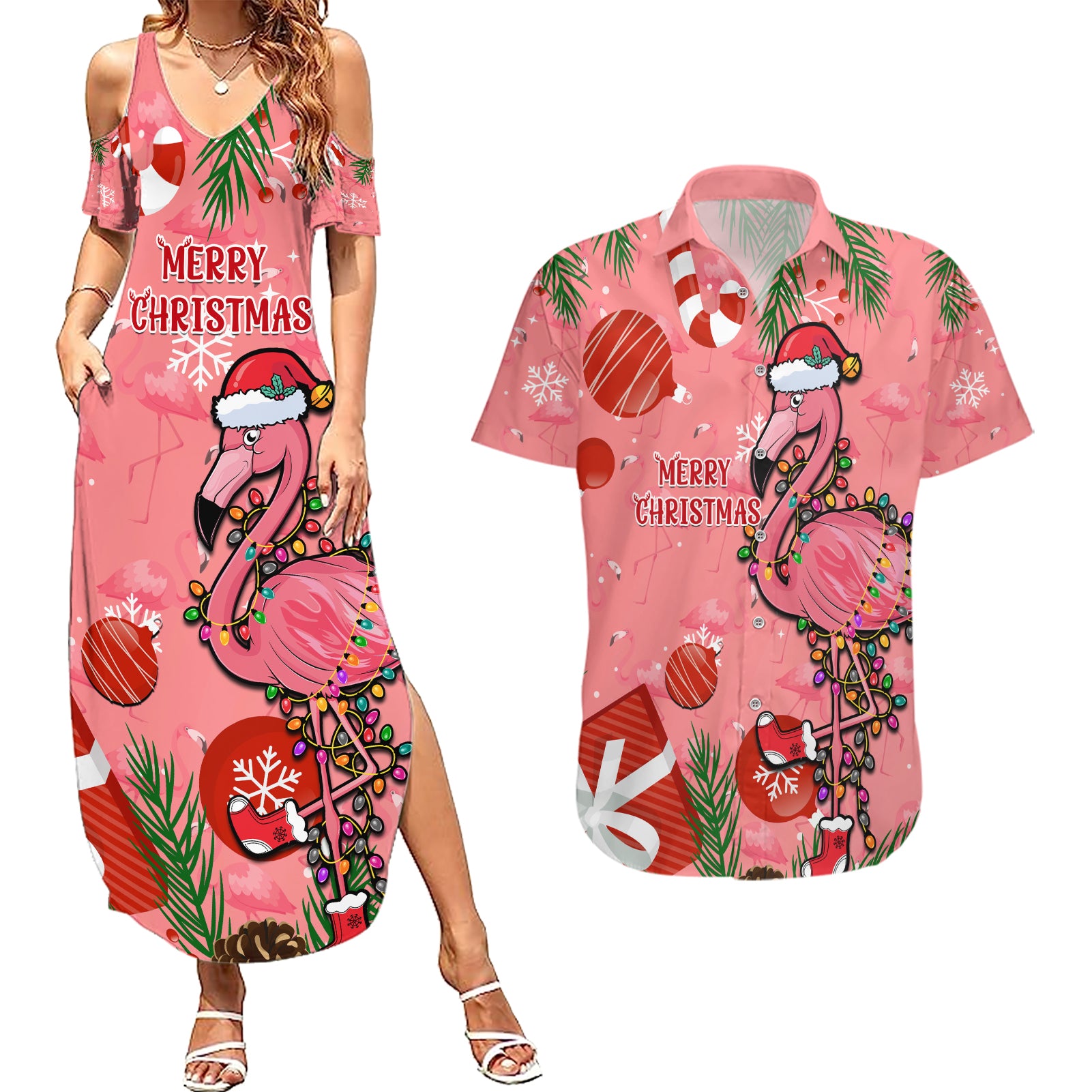 Flamingo Christmas Couples Matching Summer Maxi Dress and Hawaiian Shirt 2023 Seamless Xmas Vibes - Wonder Print Shop