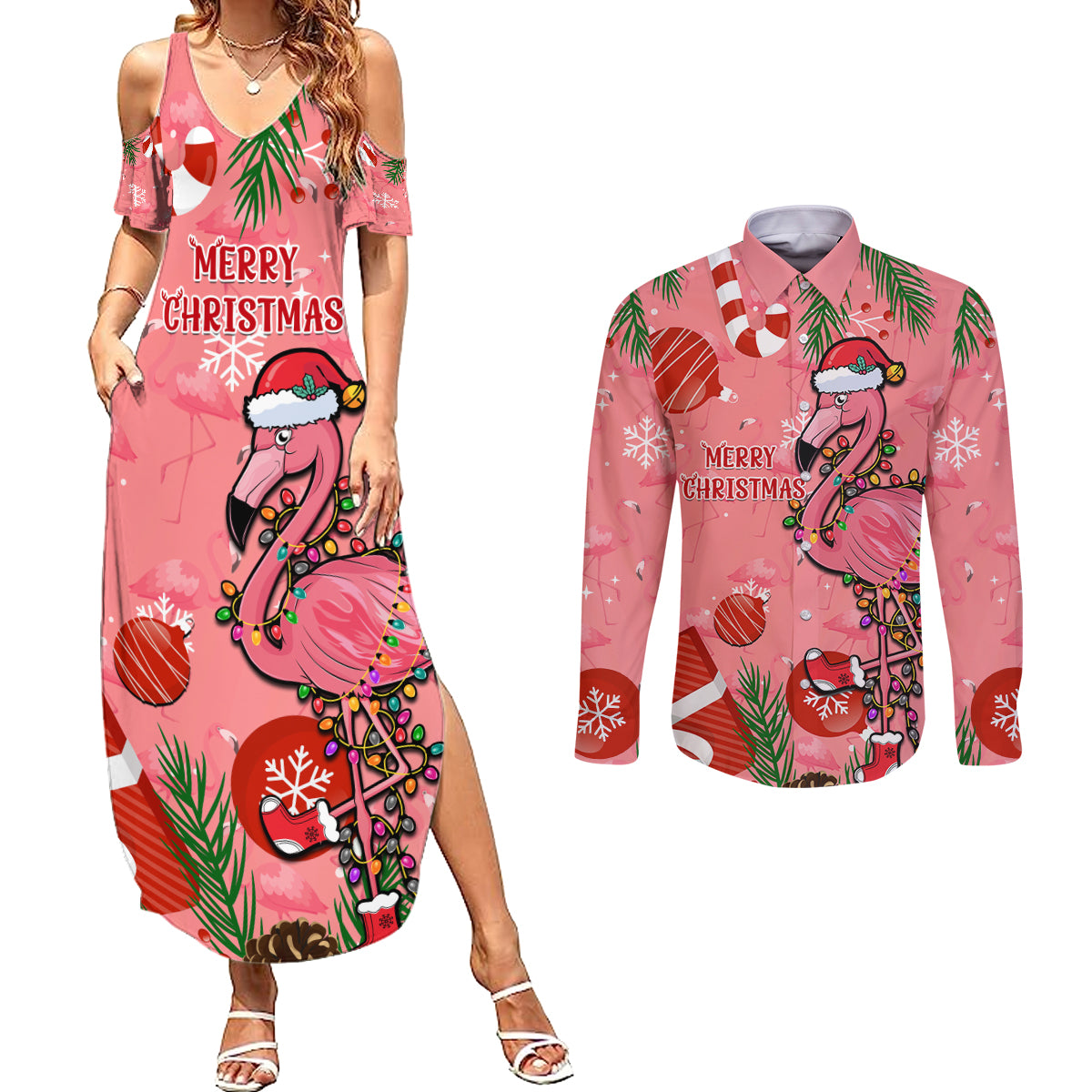 Flamingo Christmas Couples Matching Summer Maxi Dress and Long Sleeve Button Shirt 2023 Seamless Xmas Vibes - Wonder Print Shop