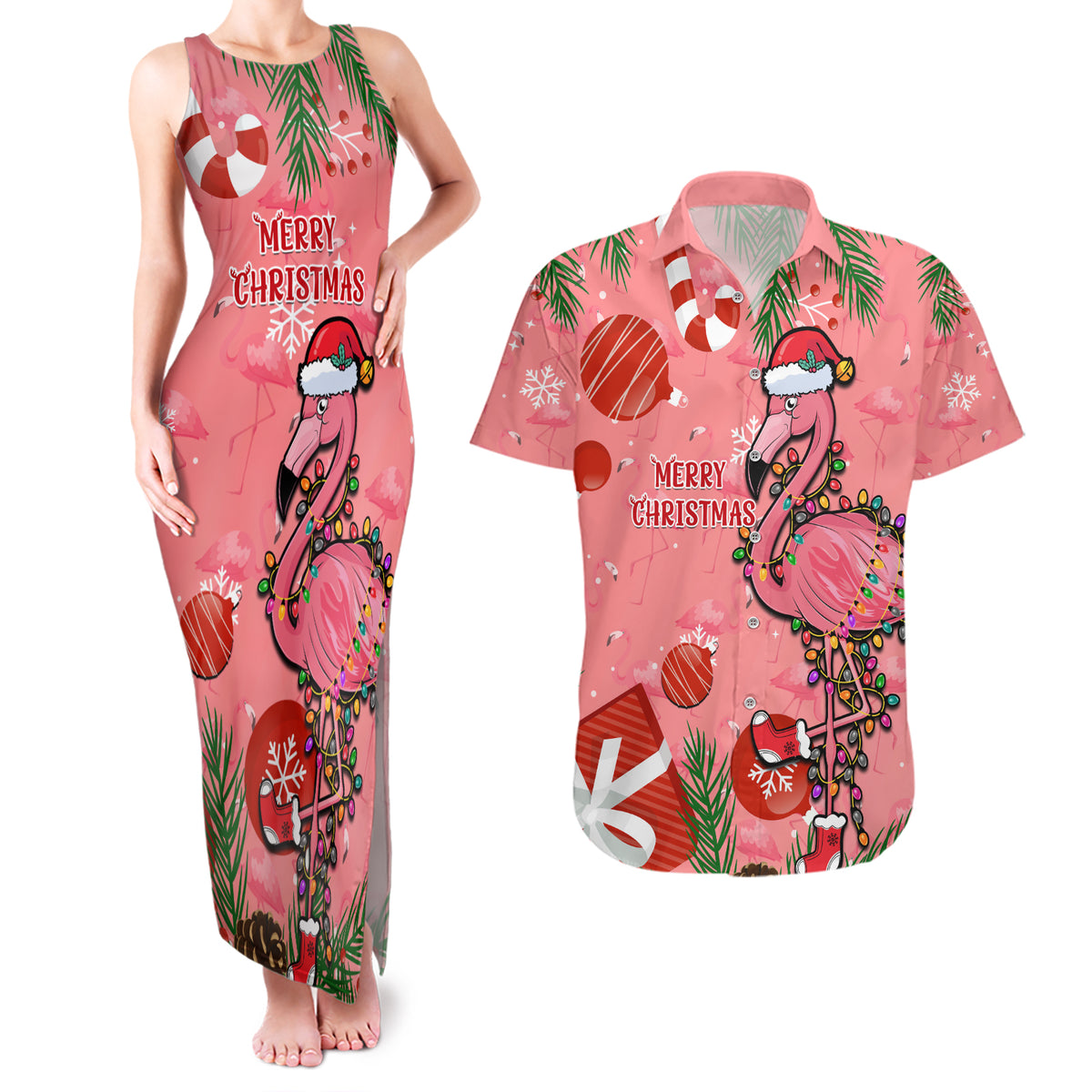 Flamingo Christmas Couples Matching Tank Maxi Dress and Hawaiian Shirt 2023 Seamless Xmas Vibes - Wonder Print Shop