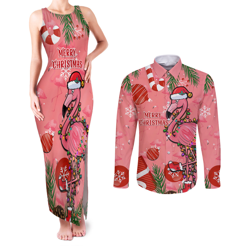 Flamingo Christmas Couples Matching Tank Maxi Dress and Long Sleeve Button Shirt 2023 Seamless Xmas Vibes - Wonder Print Shop