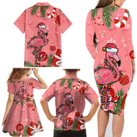 Flamingo Christmas Family Matching Long Sleeve Bodycon Dress and Hawaiian Shirt 2023 Seamless Xmas Vibes - Wonder Print Shop