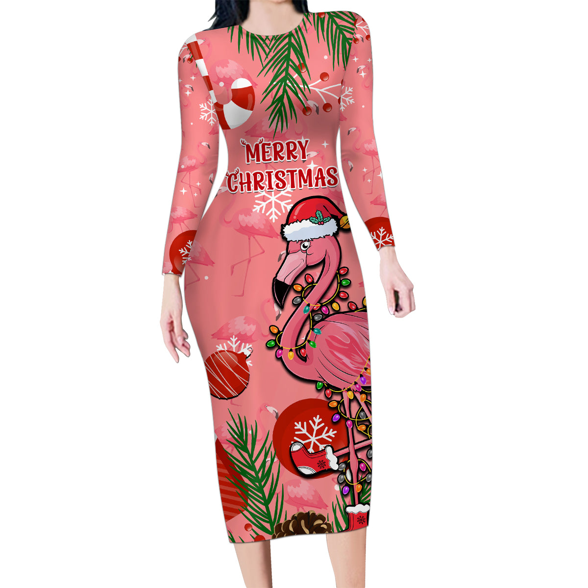 Flamingo Christmas Family Matching Long Sleeve Bodycon Dress and Hawaiian Shirt 2023 Seamless Xmas Vibes - Wonder Print Shop