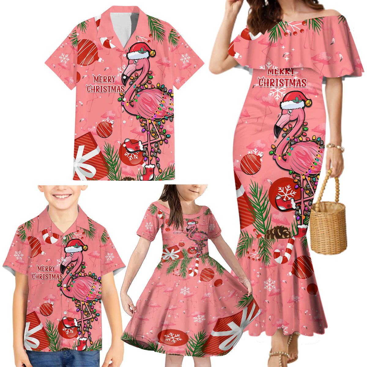 Flamingo Christmas Family Matching Mermaid Dress and Hawaiian Shirt 2023 Seamless Xmas Vibes - Wonder Print Shop