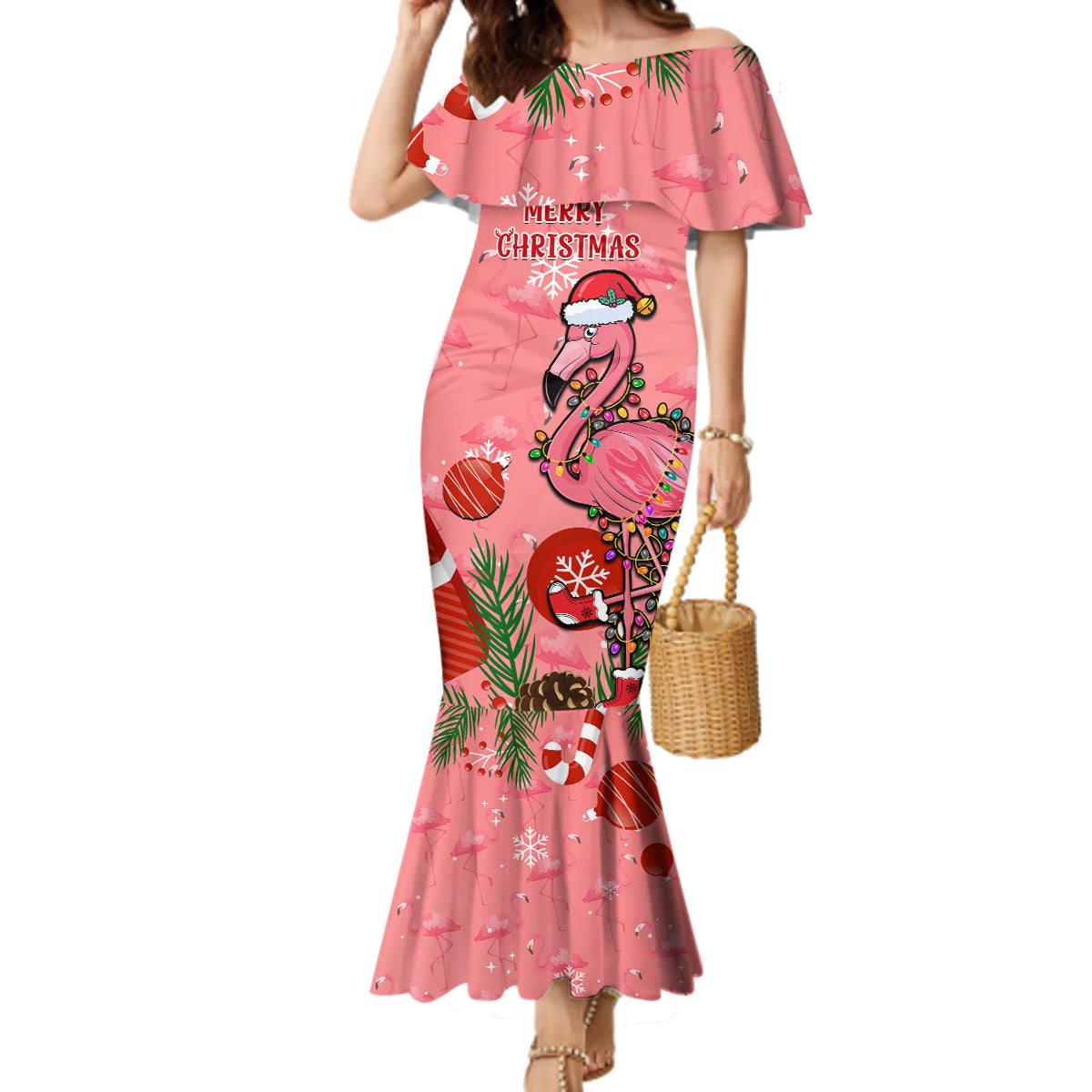 Flamingo Christmas Family Matching Mermaid Dress and Hawaiian Shirt 2023 Seamless Xmas Vibes - Wonder Print Shop