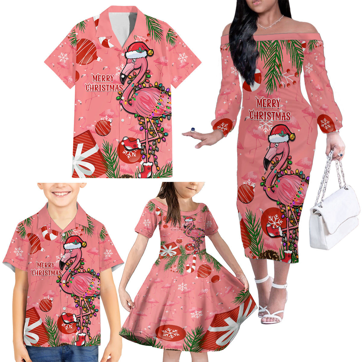 Flamingo Christmas Family Matching Off Shoulder Long Sleeve Dress and Hawaiian Shirt 2023 Seamless Xmas Vibes - Wonder Print Shop