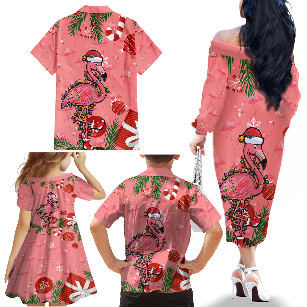 Flamingo Christmas Family Matching Off Shoulder Long Sleeve Dress and Hawaiian Shirt 2023 Seamless Xmas Vibes - Wonder Print Shop