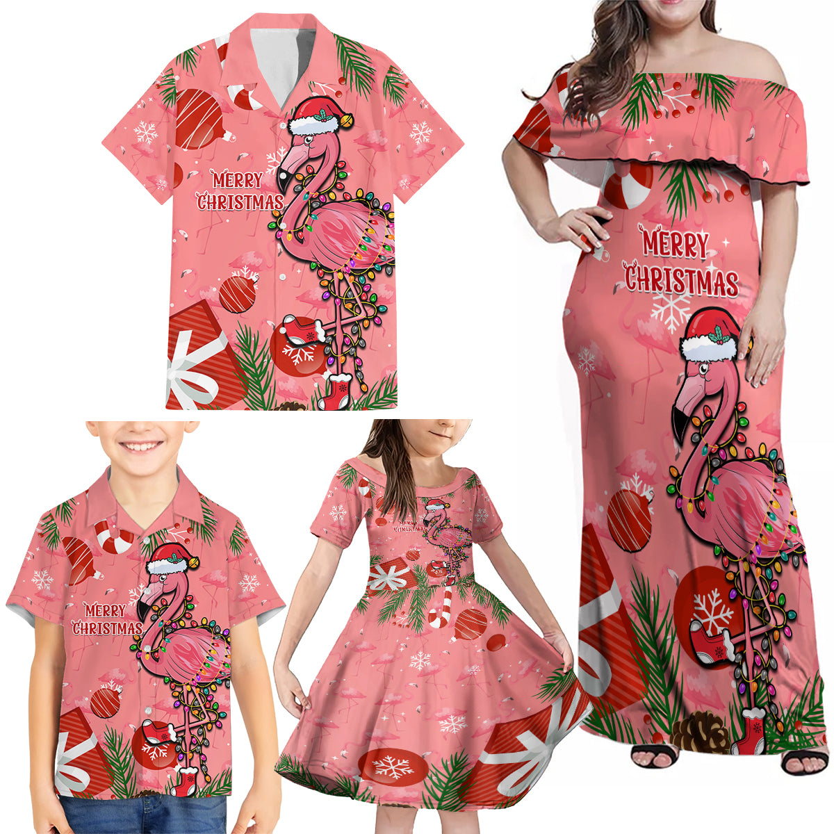 Flamingo Christmas Family Matching Off Shoulder Maxi Dress and Hawaiian Shirt 2023 Seamless Xmas Vibes - Wonder Print Shop