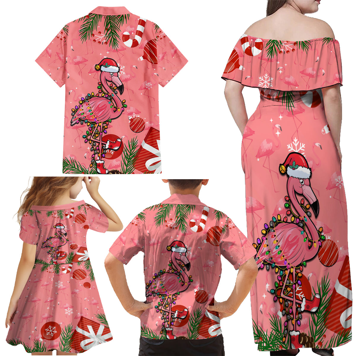 Flamingo Christmas Family Matching Off Shoulder Maxi Dress and Hawaiian Shirt 2023 Seamless Xmas Vibes - Wonder Print Shop