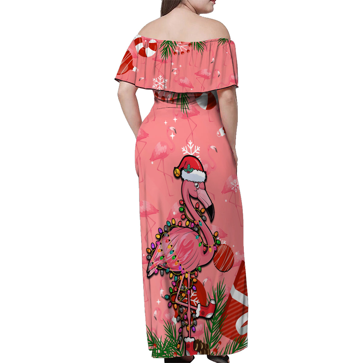 Flamingo Christmas Family Matching Off Shoulder Maxi Dress and Hawaiian Shirt 2023 Seamless Xmas Vibes - Wonder Print Shop