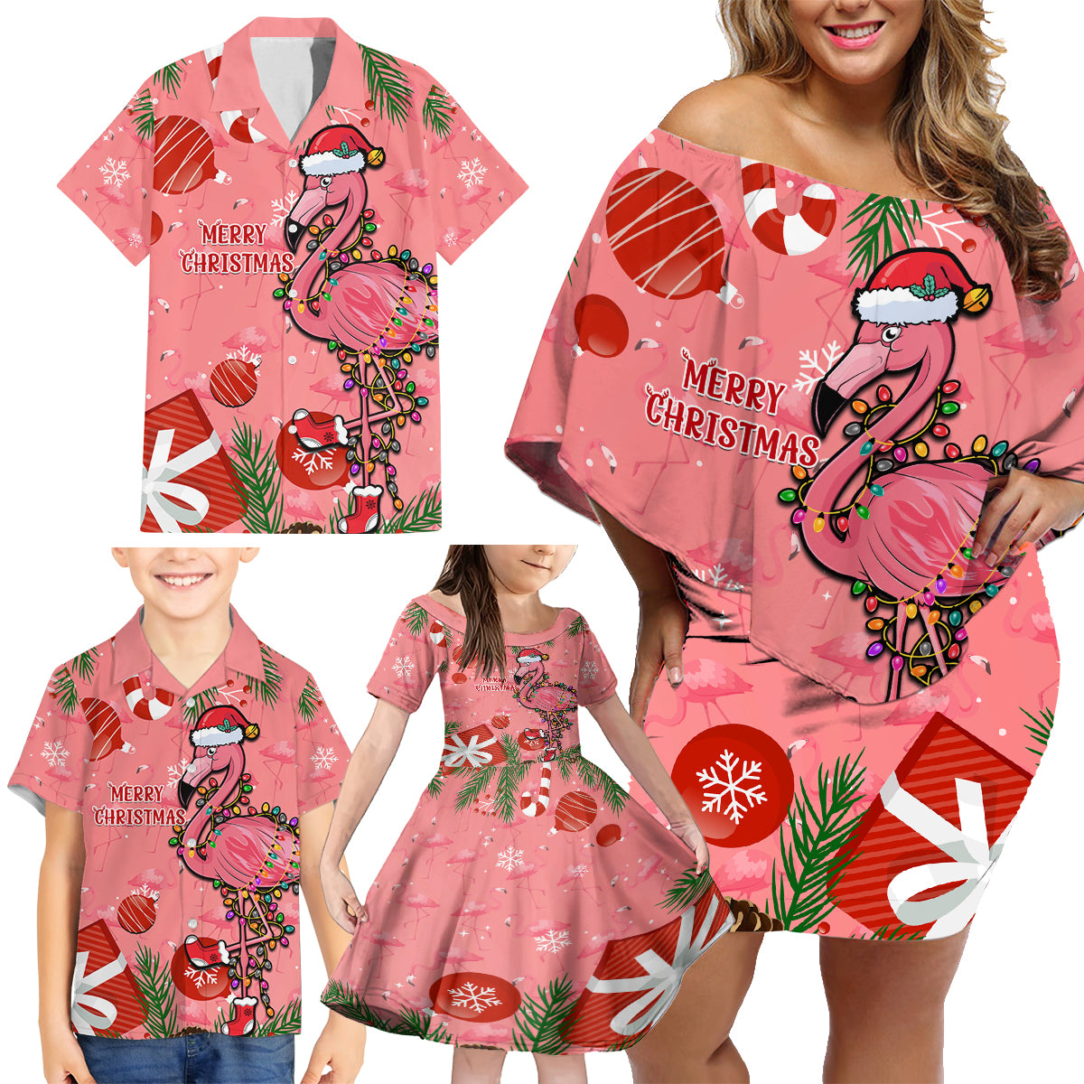 Flamingo Christmas Family Matching Off Shoulder Short Dress and Hawaiian Shirt 2023 Seamless Xmas Vibes - Wonder Print Shop