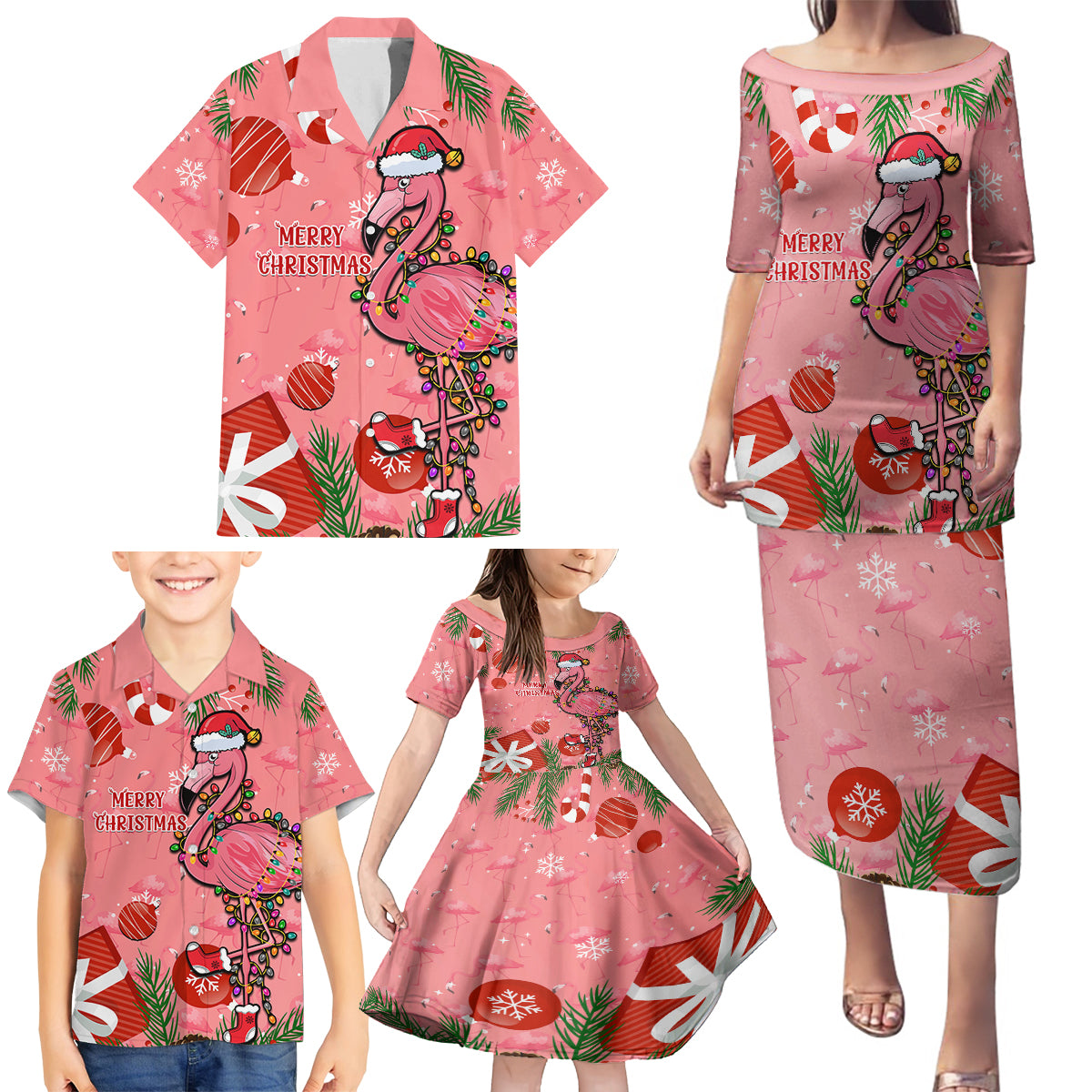 Flamingo Christmas Family Matching Puletasi Dress and Hawaiian Shirt 2023 Seamless Xmas Vibes - Wonder Print Shop