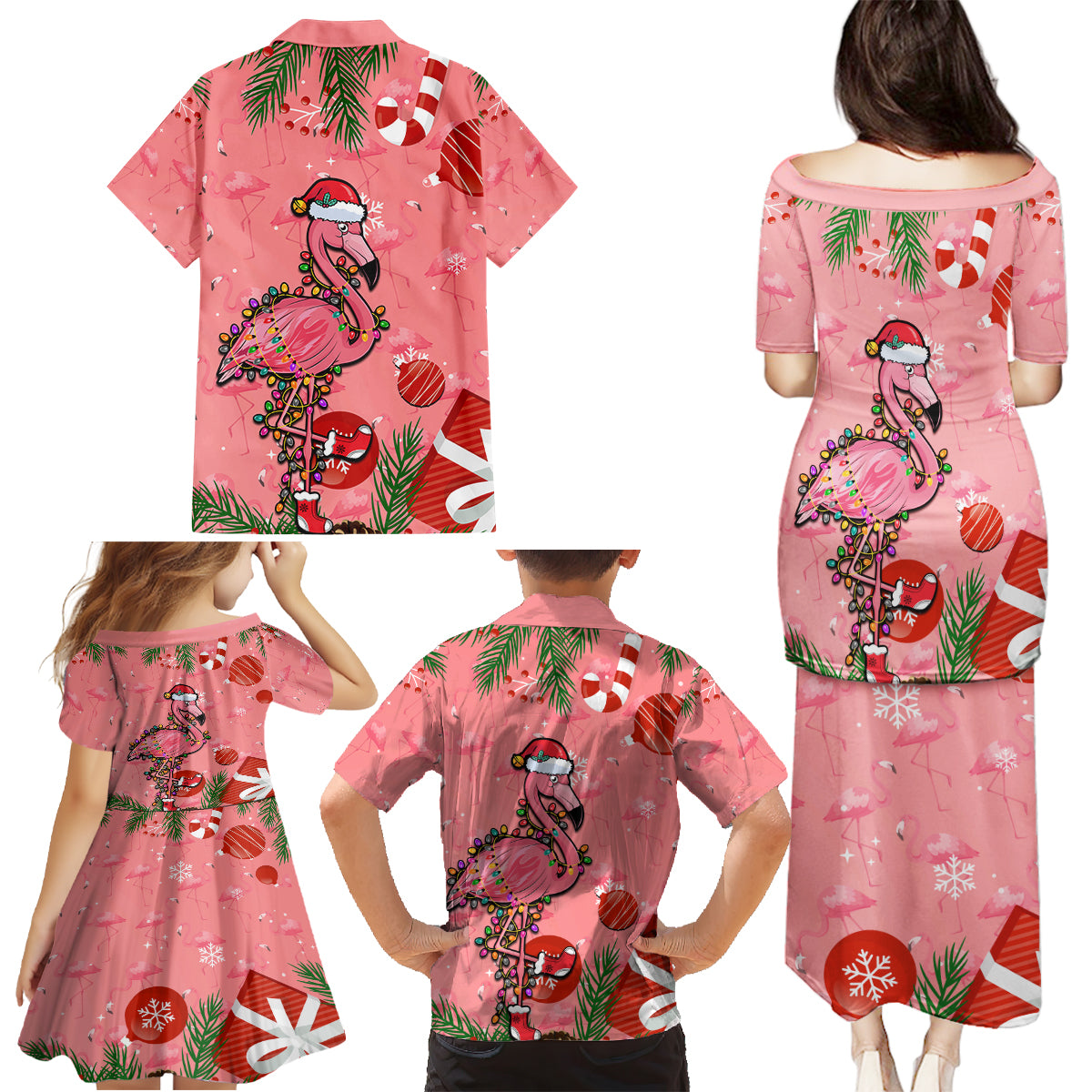Flamingo Christmas Family Matching Puletasi Dress and Hawaiian Shirt 2023 Seamless Xmas Vibes - Wonder Print Shop