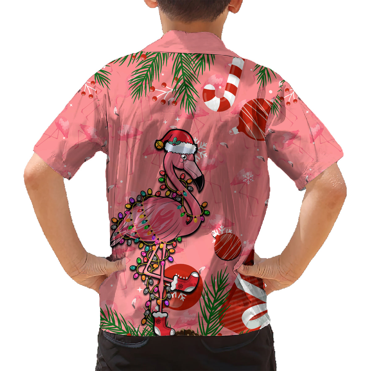 Flamingo Christmas Family Matching Short Sleeve Bodycon Dress and Hawaiian Shirt 2023 Seamless Xmas Vibes - Wonder Print Shop