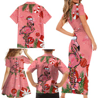 Flamingo Christmas Family Matching Short Sleeve Bodycon Dress and Hawaiian Shirt 2023 Seamless Xmas Vibes - Wonder Print Shop