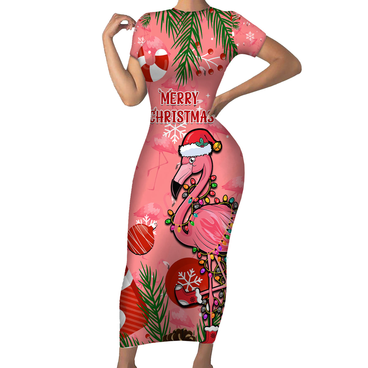 Flamingo Christmas Family Matching Short Sleeve Bodycon Dress and Hawaiian Shirt 2023 Seamless Xmas Vibes - Wonder Print Shop