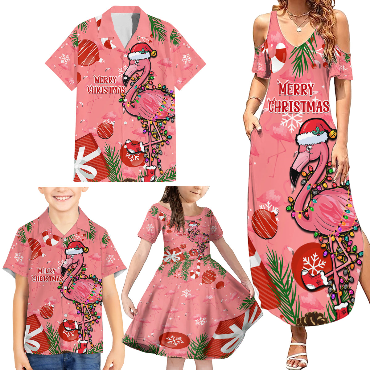 Flamingo Christmas Family Matching Summer Maxi Dress and Hawaiian Shirt 2023 Seamless Xmas Vibes - Wonder Print Shop