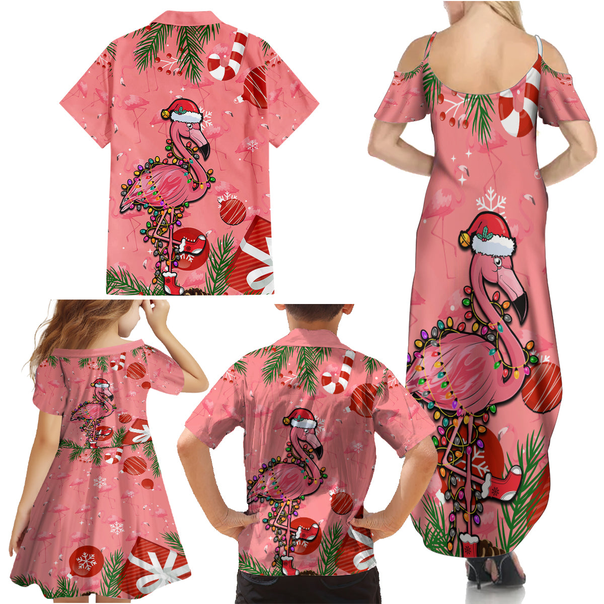 Flamingo Christmas Family Matching Summer Maxi Dress and Hawaiian Shirt 2023 Seamless Xmas Vibes - Wonder Print Shop