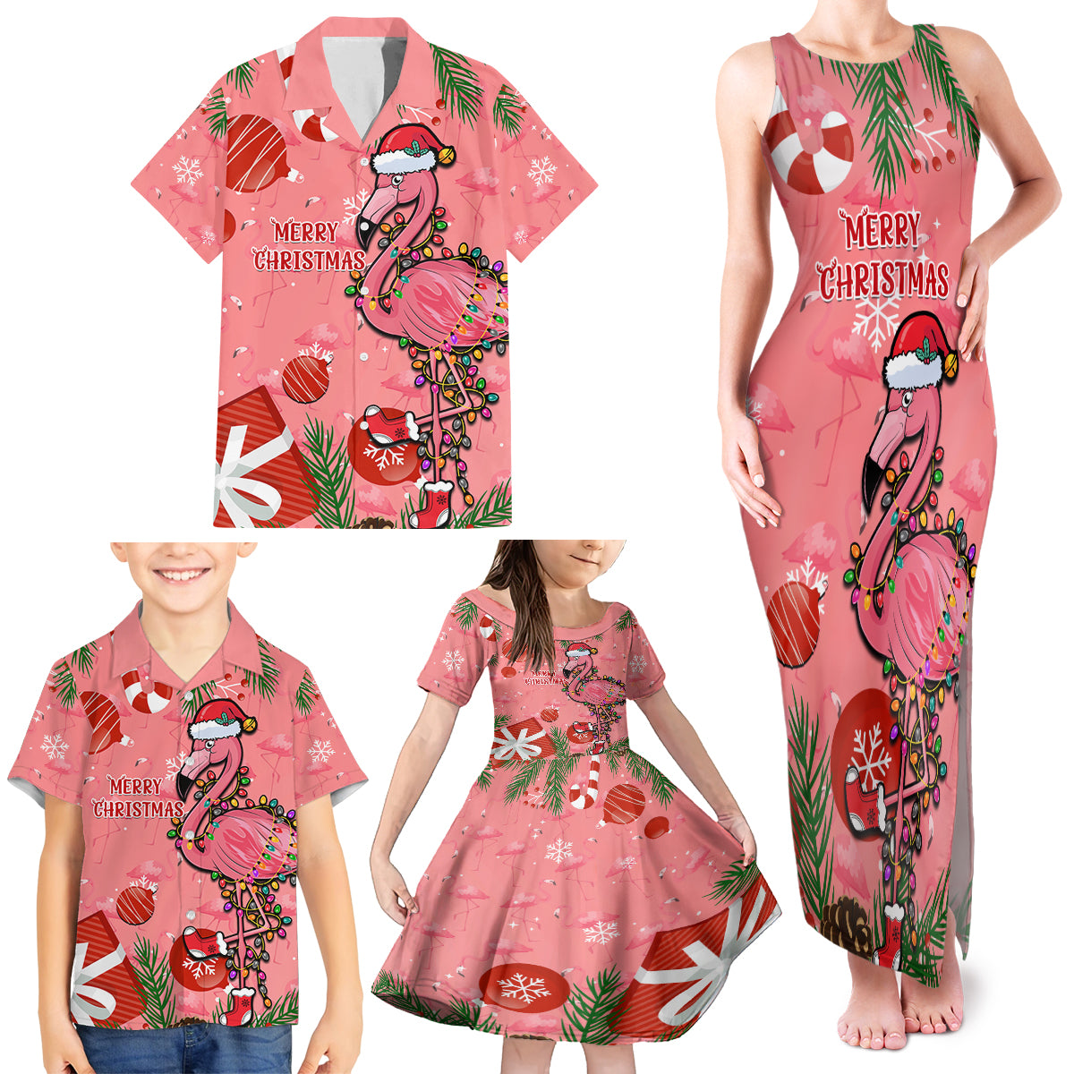 Flamingo Christmas Family Matching Tank Maxi Dress and Hawaiian Shirt 2023 Seamless Xmas Vibes - Wonder Print Shop