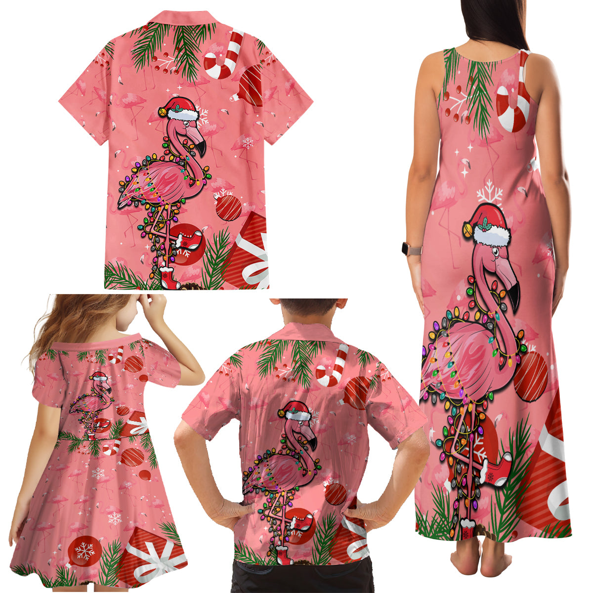 Flamingo Christmas Family Matching Tank Maxi Dress and Hawaiian Shirt 2023 Seamless Xmas Vibes - Wonder Print Shop