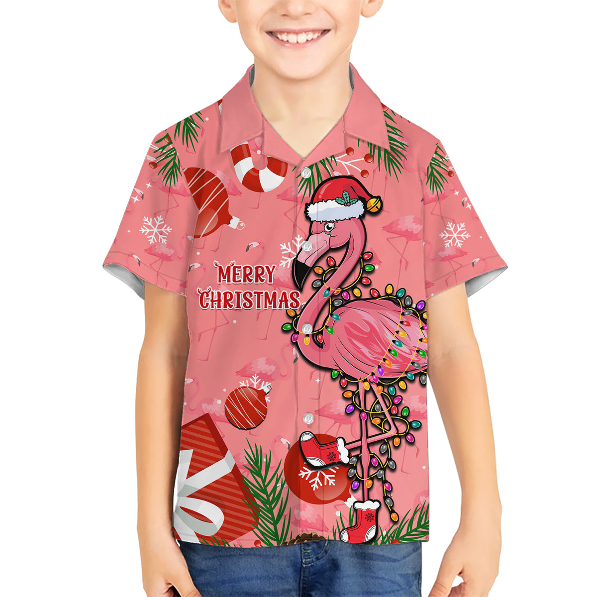 Flamingo Christmas Kid Hawaiian Shirt 2023 Seamless Xmas Vibes - Wonder Print Shop