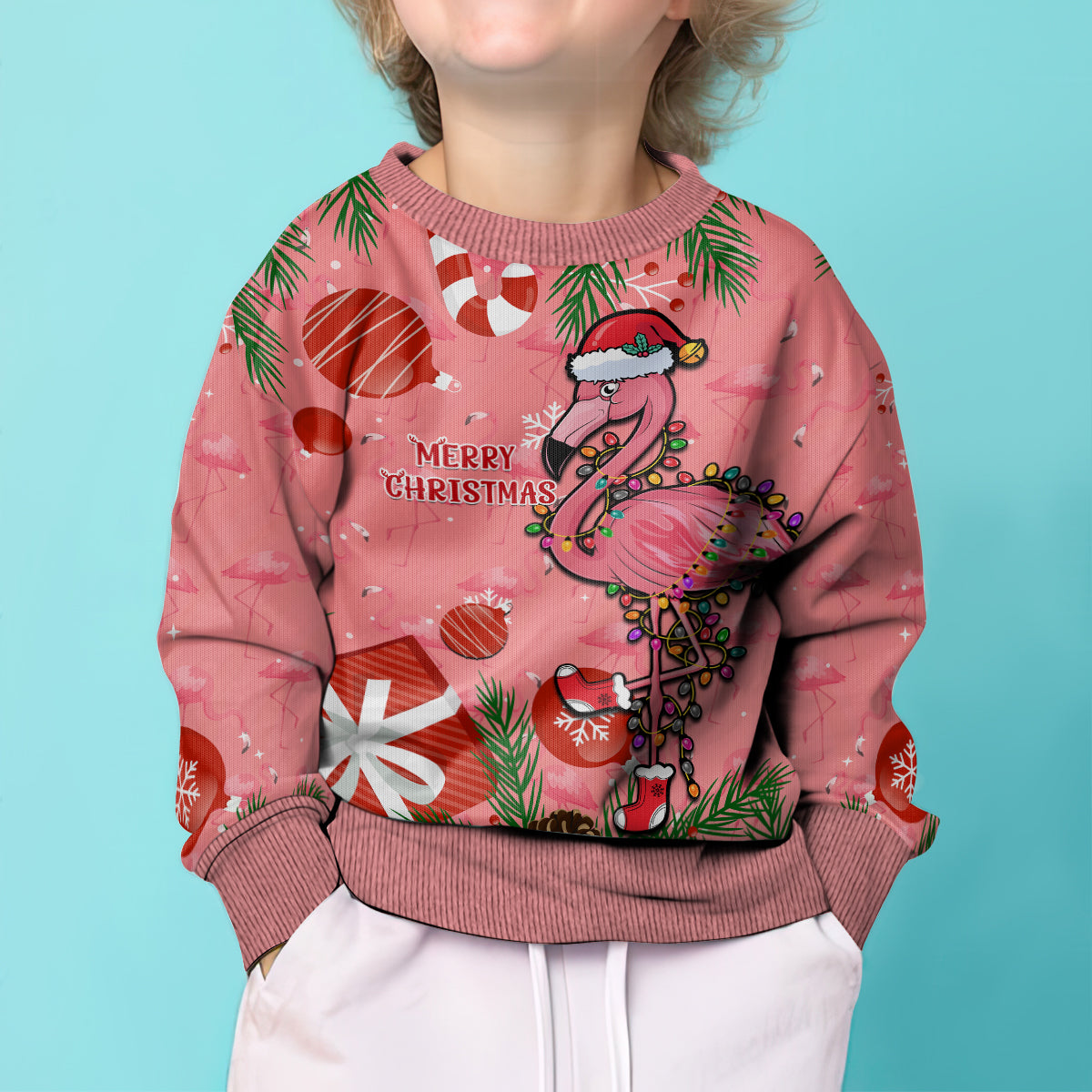 Flamingo Christmas Kid Ugly Christmas Sweater 2023 Seamless Xmas Vibes - Wonder Print Shop