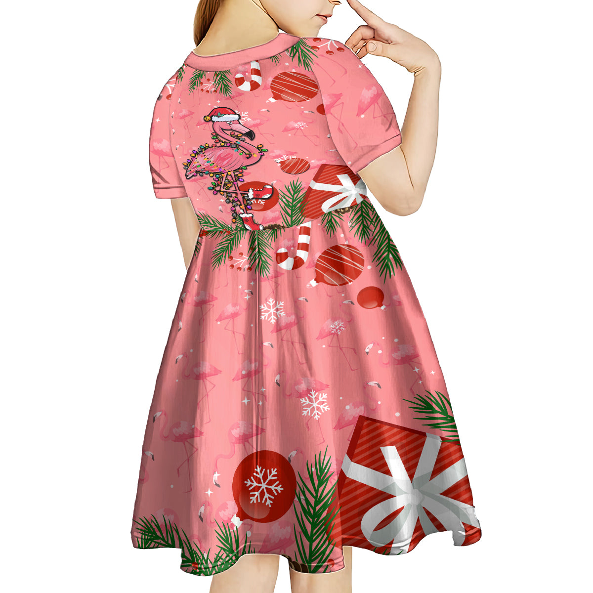 Flamingo Christmas Kid Short Sleeve Dress 2023 Seamless Xmas Vibes - Wonder Print Shop