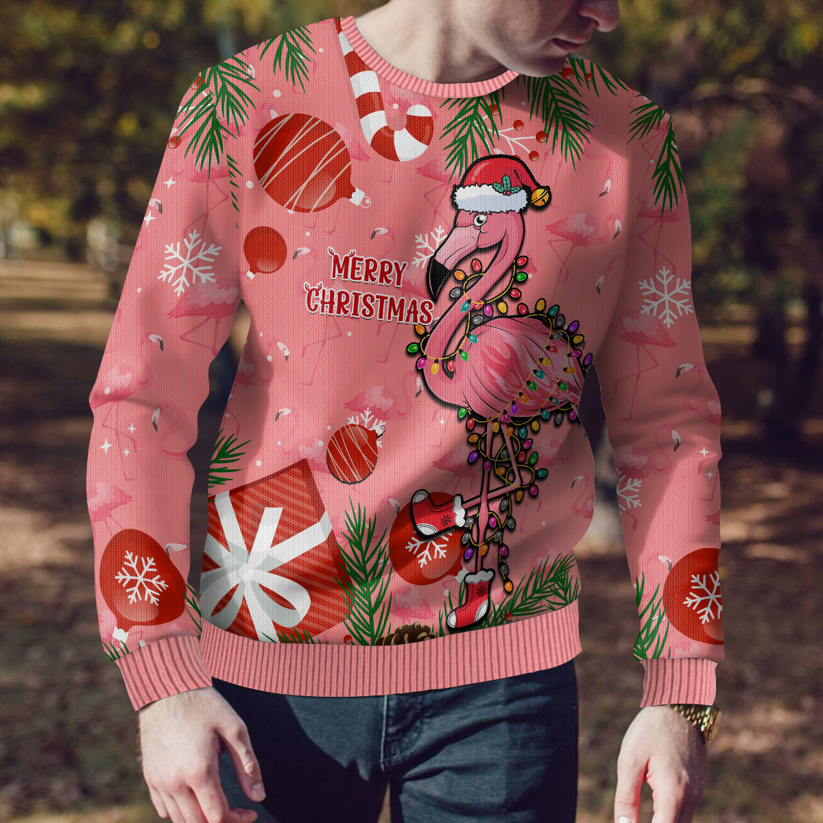 Flamingo Christmas Ugly Christmas Sweater 2024 Seamless Xmas Vibes - Wonder Print Shop