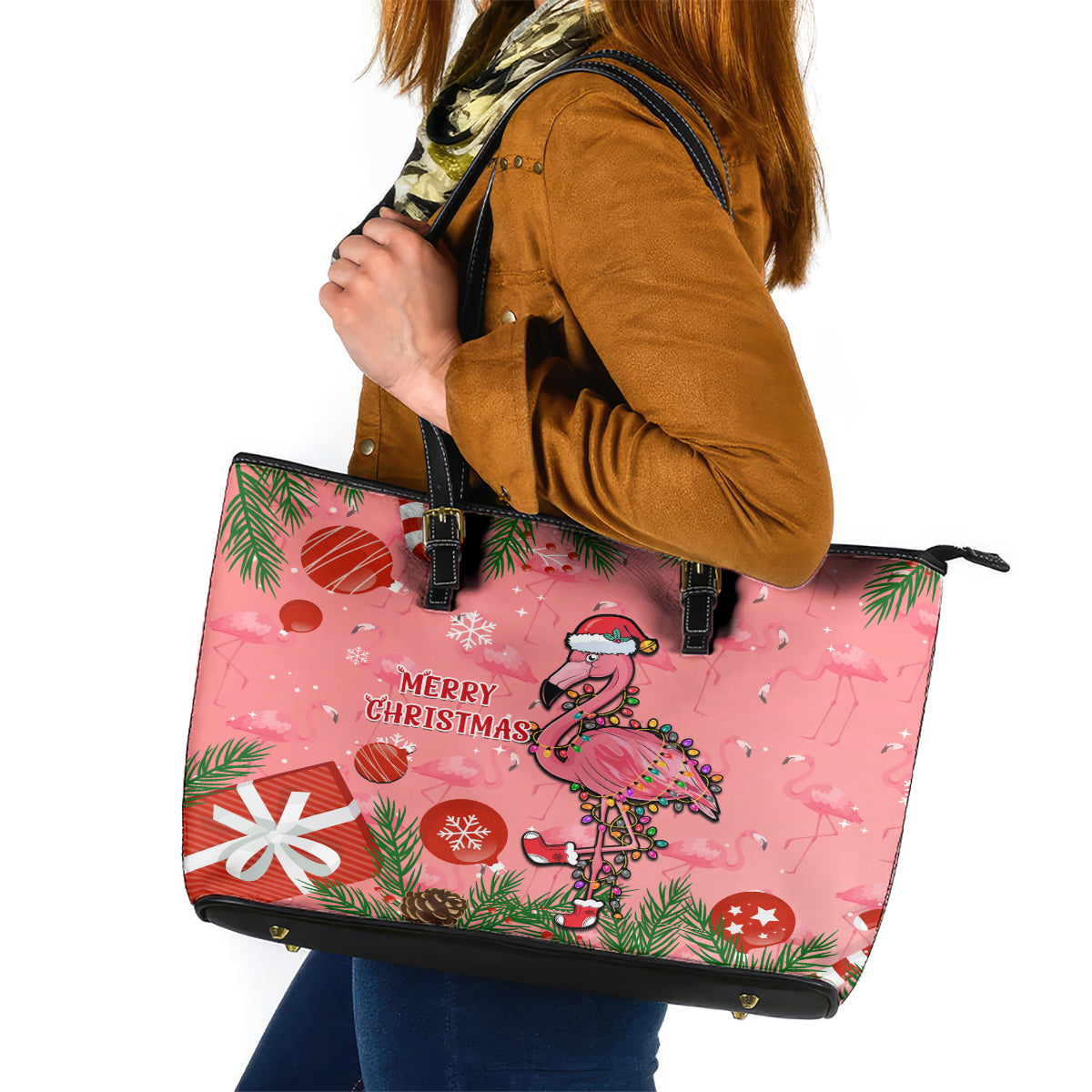 Flamingo Christmas Leather Tote Bag 2023 Seamless Xmas Vibes - Wonder Print Shop