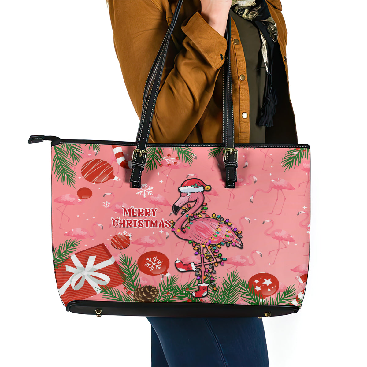 Flamingo Christmas Leather Tote Bag 2023 Seamless Xmas Vibes - Wonder Print Shop