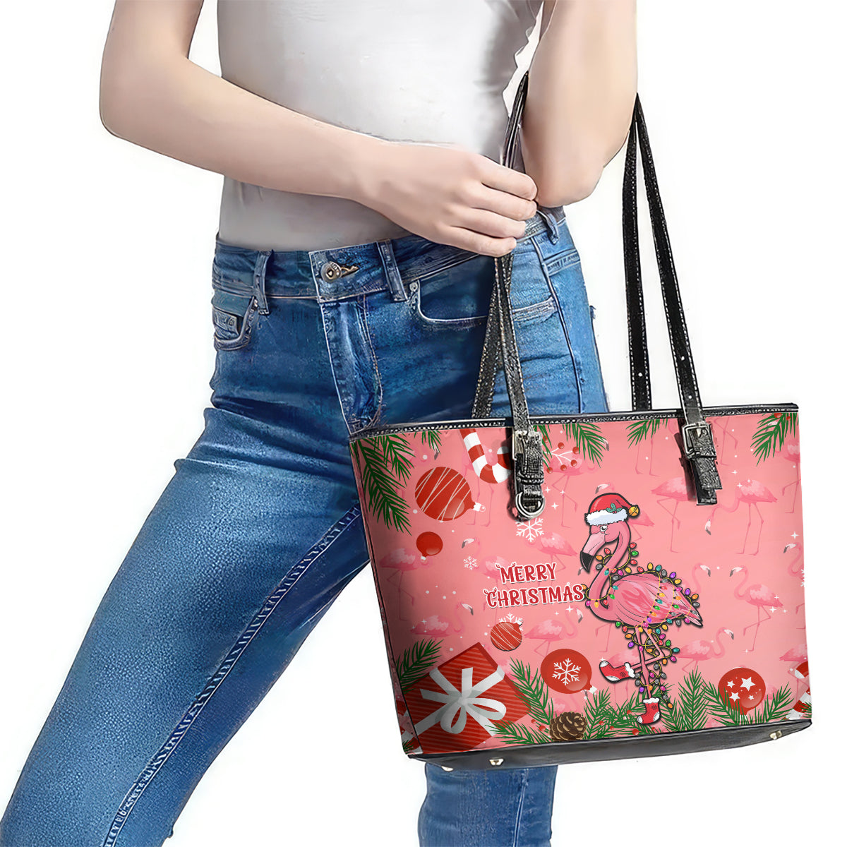 Flamingo Christmas Leather Tote Bag 2023 Seamless Xmas Vibes - Wonder Print Shop
