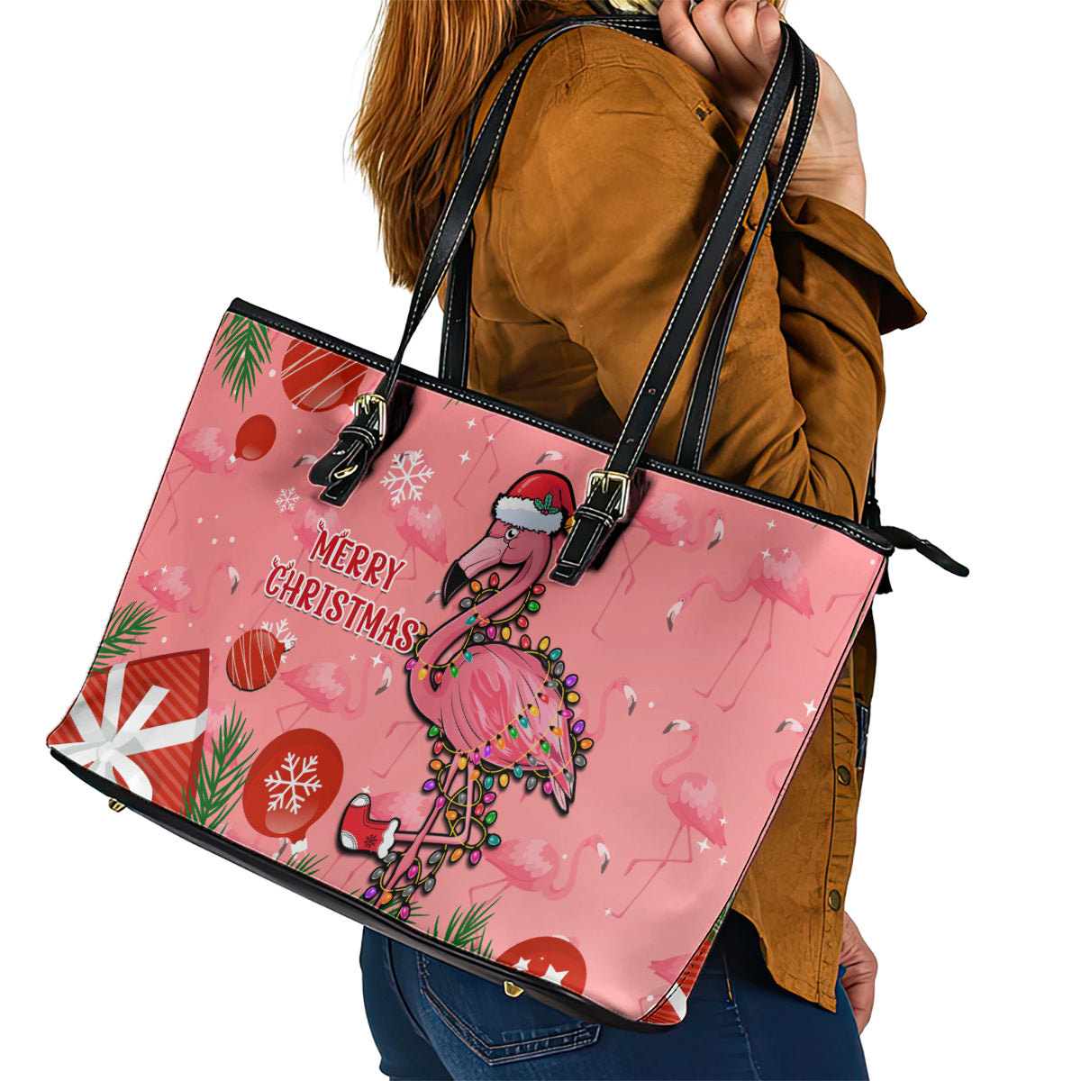 Flamingo Christmas Leather Tote Bag 2023 Seamless Xmas Vibes - Wonder Print Shop