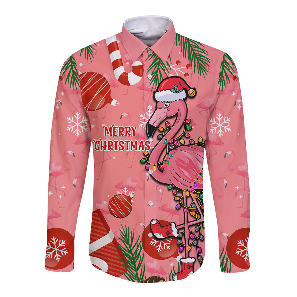 Flamingo Christmas Long Sleeve Button Shirt 2023 Seamless Xmas Vibes - Wonder Print Shop