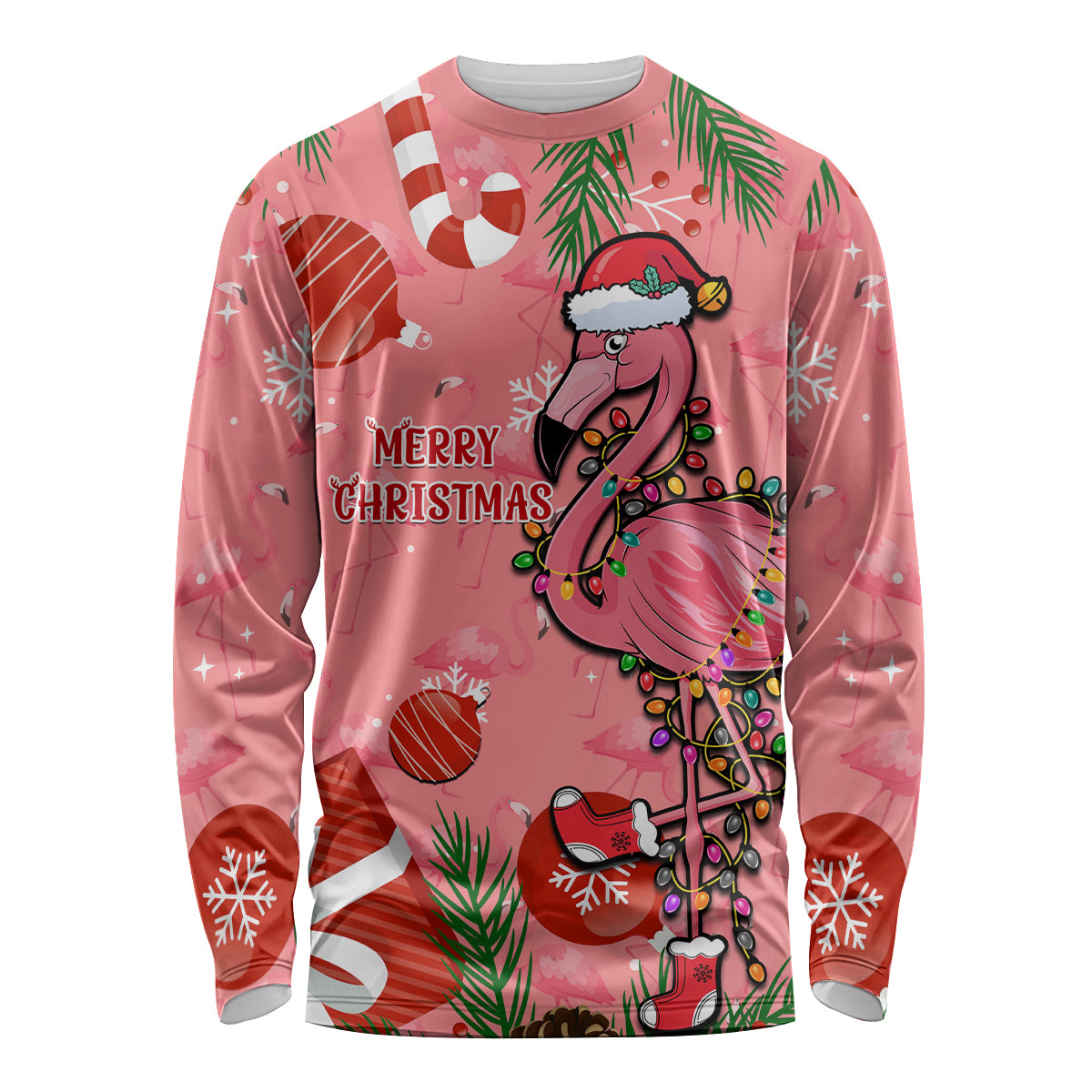 Flamingo Christmas Long Sleeve Shirt 2023 Seamless Xmas Vibes - Wonder Print Shop