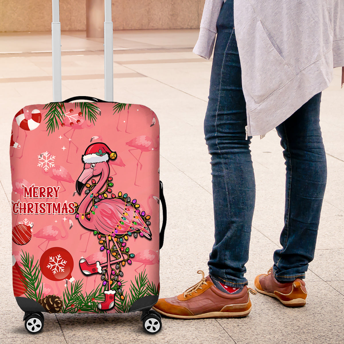 Flamingo Christmas Luggage Cover 2023 Seamless Xmas Vibes - Wonder Print Shop