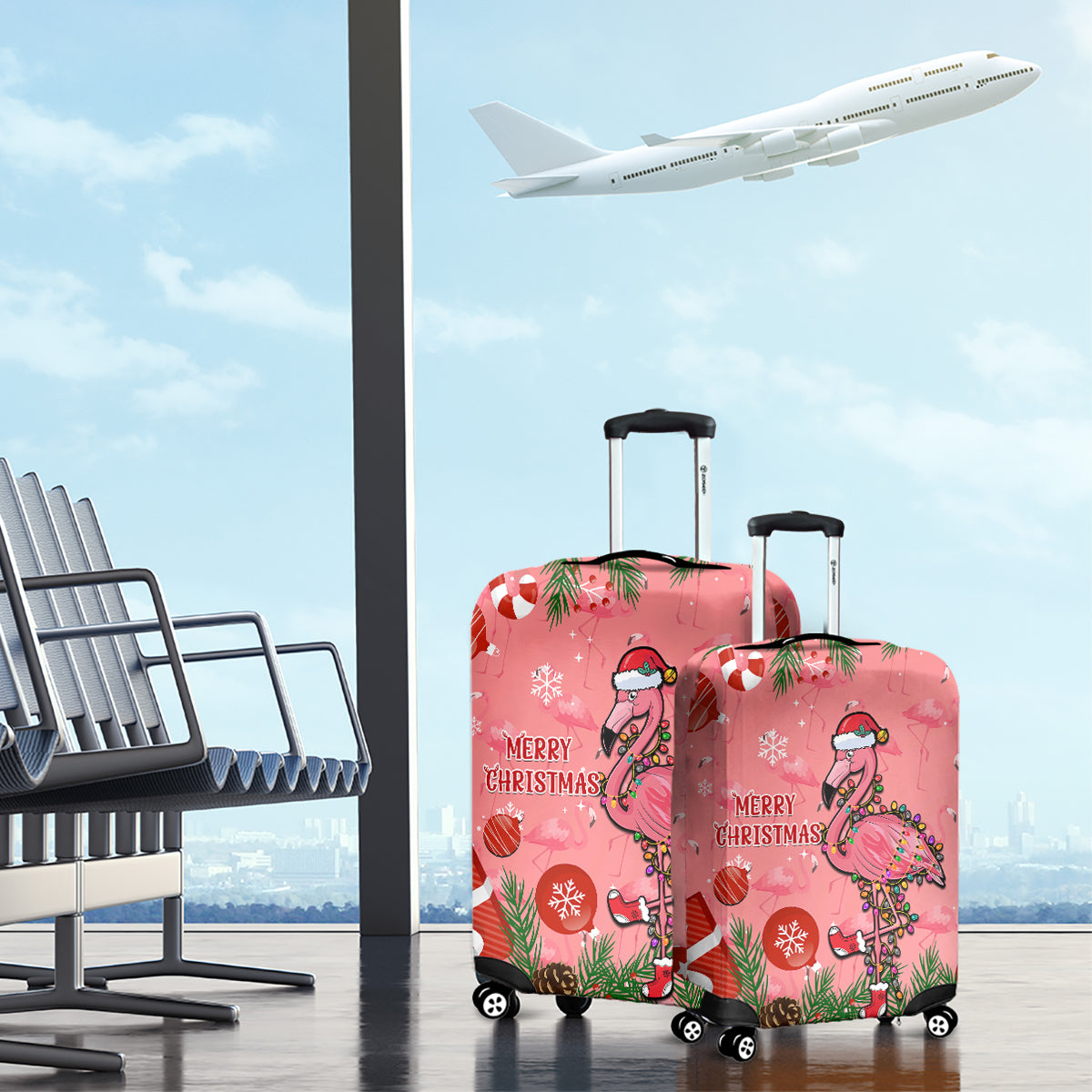 Flamingo Christmas Luggage Cover 2023 Seamless Xmas Vibes - Wonder Print Shop