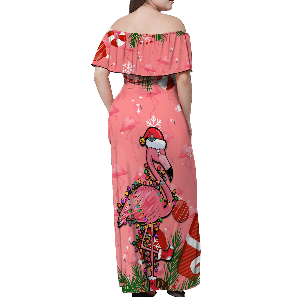 Flamingo Christmas Off Shoulder Maxi Dress 2023 Seamless Xmas Vibes - Wonder Print Shop