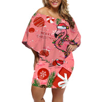 Flamingo Christmas Off Shoulder Short Dress 2023 Seamless Xmas Vibes - Wonder Print Shop