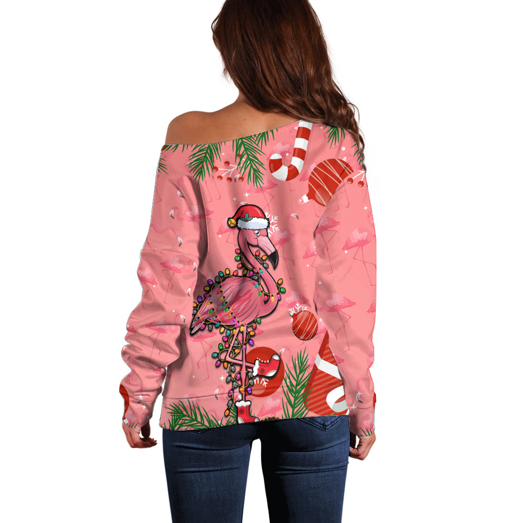 Flamingo Christmas Off Shoulder Sweater 2023 Seamless Xmas Vibes - Wonder Print Shop
