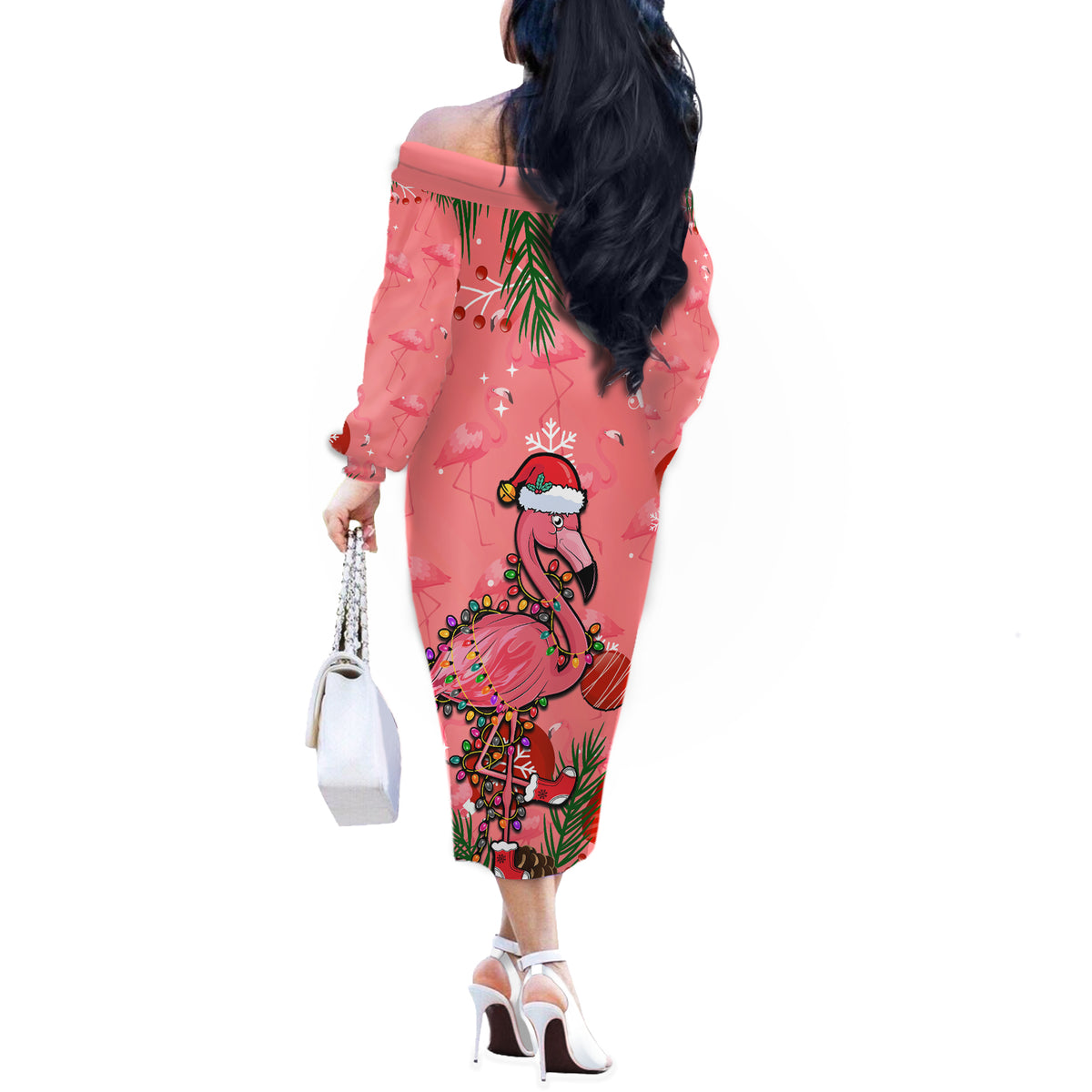 Flamingo Christmas Off The Shoulder Long Sleeve Dress 2023 Seamless Xmas Vibes - Wonder Print Shop