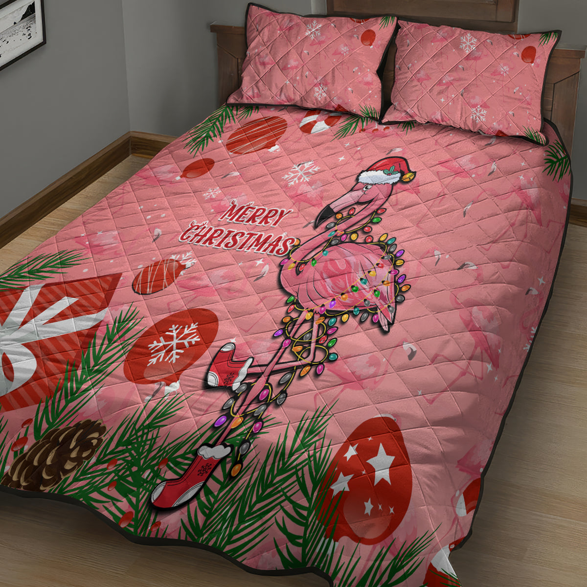 Flamingo Christmas Quilt Bed Set 2023 Seamless Xmas Vibes - Wonder Print Shop